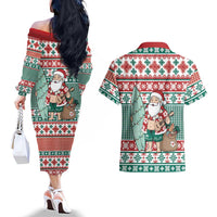Hawaiian Funny Santa Surf Couples Matching Off The Shoulder Long Sleeve Dress and Hawaiian Shirt Mele Kalikimaka Palaka Quilt Pattern LT9 - Polynesian Pride