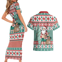 Hawaiian Funny Santa Surf Couples Matching Short Sleeve Bodycon Dress and Hawaiian Shirt Mele Kalikimaka Palaka Quilt Pattern - Polynesian Pride