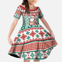 Hawaiian Funny Santa Surf Family Matching Short Sleeve Bodycon Dress and Hawaiian Shirt Mele Kalikimaka Palaka Quilt Pattern LT9 Daughter's Dress Green - Polynesian Pride