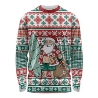 Hawaiian Funny Santa Surf Long Sleeve Shirt Mele Kalikimaka Palaka Quilt Pattern LT9 Unisex Green - Polynesian Pride
