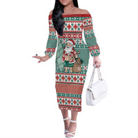 Hawaiian Funny Santa Surf Off The Shoulder Long Sleeve Dress Mele Kalikimaka Palaka Quilt Pattern LT9 Women Green - Polynesian Pride