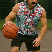 Hawaiian Funny Santa Surf Sleeveless Zip Hoodie Mele Kalikimaka Palaka Quilt Pattern - Polynesian Pride