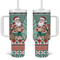 Hawaiian Funny Santa Surf Tumbler With Handle Mele Kalikimaka Palaka Quilt Pattern LT9 One Size: 40 oz Green - Polynesian Pride