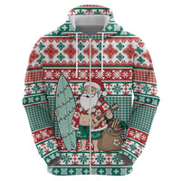 Hawaiian Funny Santa Surf Zip Hoodie Mele Kalikimaka Palaka Quilt Pattern - Polynesian Pride