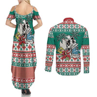 Hawaiian Skull Surfs Couples Matching Summer Maxi Dress and Long Sleeve Button Shirt Mele Kalikimaka Palaka Quilt Pattern - Polynesian Pride