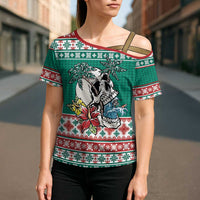 Hawaiian Skull Surfs Cross Shoulder Shirt Mele Kalikimaka Palaka Quilt Pattern - Polynesian Pride