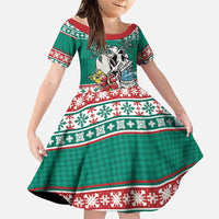 Hawaiian Skull Surfs Family Matching Long Sleeve Bodycon Dress and Hawaiian Shirt Mele Kalikimaka Palaka Quilt Pattern LT9 Daughter's Dress Green - Polynesian Pride