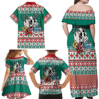 Hawaiian Skull Surfs Family Matching Off Shoulder Maxi Dress and Hawaiian Shirt Mele Kalikimaka Palaka Quilt Pattern - Polynesian Pride