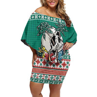 Hawaiian Skull Surfs Off Shoulder Short Dress Mele Kalikimaka Palaka Quilt Pattern - Polynesian Pride