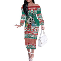Hawaiian Skull Surfs Off The Shoulder Long Sleeve Dress Mele Kalikimaka Palaka Quilt Pattern - Polynesian Pride