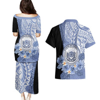 Aloha Vintage Hawaii Tribal Couples Matching Puletasi Dress and Hawaiian Shirt Blue Style LT9 - Polynesian Pride