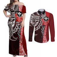 Aloha Vintage Hawaii Tribal Couples Matching Off Shoulder Maxi Dress and Long Sleeve Button Shirt Red Style LT9 Red - Polynesian Pride