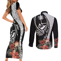 Hafa Adai Guam Couples Matching Short Sleeve Bodycon Dress and Long Sleeve Button Shirt Tropical Flowers with Polynesian Pattern LT9 - Polynesian Pride