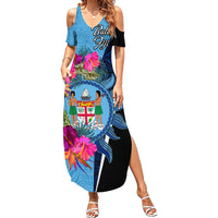 Bula Fiji Vintage Fijian Masi Pattern Family Matching Summer Maxi Dress and Hawaiian Shirt Blue Unique LT9 Mom's Dress Blue - Polynesian Pride