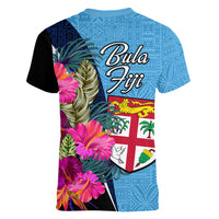 Bula Fiji Vintage Fijian Masi Pattern Women V Neck T Shirt Blue Unique LT9 - Polynesian Pride