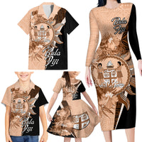 Bula Fiji Vintage Fijian Masi Pattern Family Matching Long Sleeve Bodycon Dress and Hawaiian Shirt Peach Fuzz Unique LT9 - Polynesian Pride