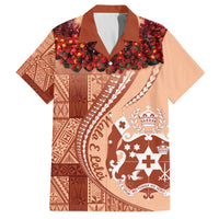 Vintage Tonga Kahoa Heilala Flower Family Matching Off Shoulder Short Dress and Hawaiian Shirt LT9 Dad's Shirt - Short Sleeve Peach Fuzz - Polynesian Pride