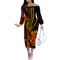 Vintage Tonga Malo E Lelei Ngatu Pattern Off The Shoulder Long Sleeve Dress LT9 Women Red - Polynesian Pride