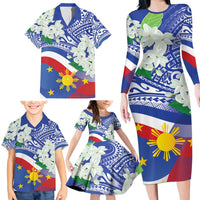 Philippines Flag Family Matching Long Sleeve Bodycon Dress and Hawaiian Shirt Sampaguita Jasmine with Polynesian Tribal LT9 - Polynesian Pride