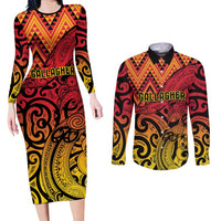 New Zealand Rangatira Custom Couples Matching Long Sleeve Bodycon Dress and Long Sleeve Button Shirt Red and Gold Niho Taniwha Maori Tribal LT9 Gold - Polynesian Pride