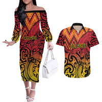 New Zealand Rangatira Custom Couples Matching Off The Shoulder Long Sleeve Dress and Hawaiian Shirt Red and Gold Niho Taniwha Maori Tribal LT9 Gold - Polynesian Pride