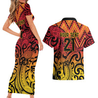 New Zealand Rangatira Custom Couples Matching Short Sleeve Bodycon Dress and Hawaiian Shirt Red and Gold Niho Taniwha Maori Tribal LT9 - Polynesian Pride