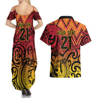 New Zealand Rangatira Custom Couples Matching Summer Maxi Dress and Hawaiian Shirt Red and Gold Niho Taniwha Maori Tribal LT9 - Polynesian Pride