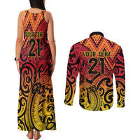 New Zealand Rangatira Custom Couples Matching Tank Maxi Dress and Long Sleeve Button Shirt Red and Gold Niho Taniwha Maori Tribal LT9 - Polynesian Pride