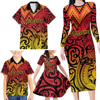 New Zealand Rangatira Custom Family Matching Long Sleeve Bodycon Dress and Hawaiian Shirt Red and Gold Niho Taniwha Maori Tribal LT9 - Polynesian Pride