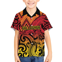 New Zealand Rangatira Custom Family Matching Long Sleeve Bodycon Dress and Hawaiian Shirt Red and Gold Niho Taniwha Maori Tribal LT9 Son's Shirt Gold - Polynesian Pride