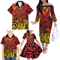 New Zealand Rangatira Custom Family Matching Off The Shoulder Long Sleeve Dress and Hawaiian Shirt Red and Gold Niho Taniwha Maori Tribal LT9 - Polynesian Pride