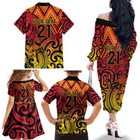 New Zealand Rangatira Custom Family Matching Off The Shoulder Long Sleeve Dress and Hawaiian Shirt Red and Gold Niho Taniwha Maori Tribal LT9 - Polynesian Pride