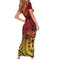 New Zealand Rangatira Custom Family Matching Short Sleeve Bodycon Dress and Hawaiian Shirt Red and Gold Niho Taniwha Maori Tribal LT9 - Polynesian Pride