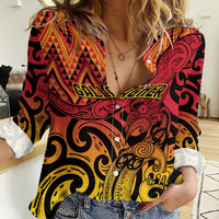 New Zealand Rangatira Custom Women Casual Shirt Red and Gold Niho Taniwha Maori Tribal LT9 Female Gold - Polynesian Pride
