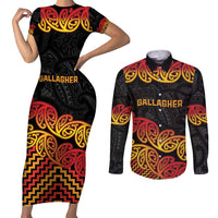 New Zealand Rugby Pacific Custom Couples Matching Short Sleeve Bodycon Dress and Long Sleeve Button Shirt Rangatira Maori Kowhaiwhai Pattern LT9 Gold - Polynesian Pride