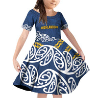 New Zealand Rugby Pacific Custom Family Matching Off Shoulder Short Dress and Hawaiian Shirt Kahupeka Maori Kowhaiwhai Pattern LT9 Daughter's Dress Blue - Polynesian Pride