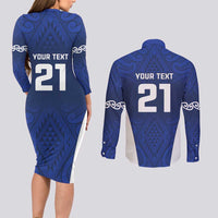New Zealand Rugby Pacific Custom Couples Matching Long Sleeve Bodycon Dress and Long Sleeve Button Shirt Kahurangi Auckland All Blue LT9 - Polynesian Pride