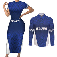 New Zealand Rugby Pacific Custom Couples Matching Short Sleeve Bodycon Dress and Long Sleeve Button Shirt Kahurangi Auckland All Blue