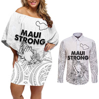 Hawaii Strong Maui Wildfire Couples Matching Off Shoulder Short Dress and Long Sleeve Button Shirts No4 LT9 White - Polynesian Pride