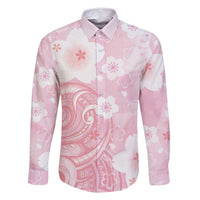 Japan Sakura Floral with Polynesian Vibe Family Matching Long Sleeve Bodycon Dress and Hawaiian Shirt LT9 Dad's Shirt - Long Sleeve Pink - Polynesian Pride