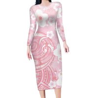 Japan Sakura Floral with Polynesian Vibe Family Matching Long Sleeve Bodycon Dress and Hawaiian Shirt LT9 Mom's Dress Pink - Polynesian Pride