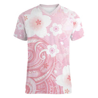 Japan Sakura Floral with Polynesian Vibe Women V-Neck T-Shirt