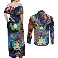 Marshall Islands Kwajalein Atoll Couples Matching Off Shoulder Maxi Dress and Long Sleeve Button Shirt Plumeria Sea Turtle with Polynesian Tribal LT9 - Polynesian Pride