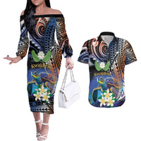 Marshall Islands Kwajalein Atoll Couples Matching Off The Shoulder Long Sleeve Dress and Hawaiian Shirt Plumeria Sea Turtle with Polynesian Tribal LT9 Blue - Polynesian Pride