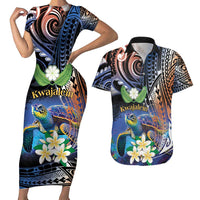 Marshall Islands Kwajalein Atoll Couples Matching Short Sleeve Bodycon Dress and Hawaiian Shirt Plumeria Sea Turtle with Polynesian Tribal LT9 Blue - Polynesian Pride
