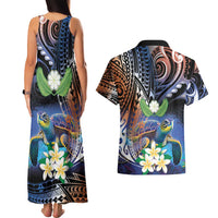 Marshall Islands Kwajalein Atoll Couples Matching Tank Maxi Dress and Hawaiian Shirt Plumeria Sea Turtle with Polynesian Tribal LT9 - Polynesian Pride