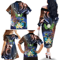 Marshall Islands Kwajalein Atoll Family Matching Off The Shoulder Long Sleeve Dress and Hawaiian Shirt Plumeria Sea Turtle with Polynesian Tribal LT9 - Polynesian Pride