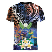 Marshall Islands Kwajalein Atoll Women V-Neck T-Shirt Plumeria Sea Turtle with Polynesian Tribal LT9 - Polynesian Pride