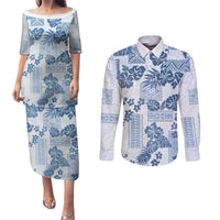 Vintage Hawaii Couples Matching Puletasi Dress and Long Sleeve Button Shirt Hibiscus Tapa Tribal With Hawaiian Quilt Pattern Blue LT9 Blue - Polynesian Pride