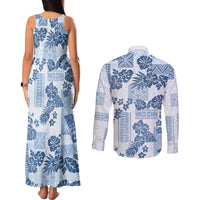 Vintage Hawaii Couples Matching Tank Maxi Dress and Long Sleeve Button Shirt Hibiscus Tapa Tribal With Hawaiian Quilt Pattern Blue LT9 - Polynesian Pride